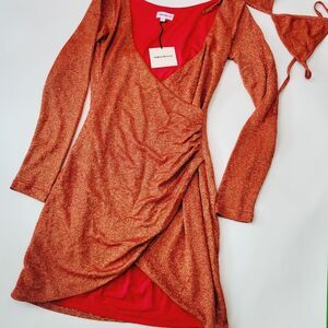 Superdown Reformation Orange Shimmer long sleeve mini bikini top dress NWT Small